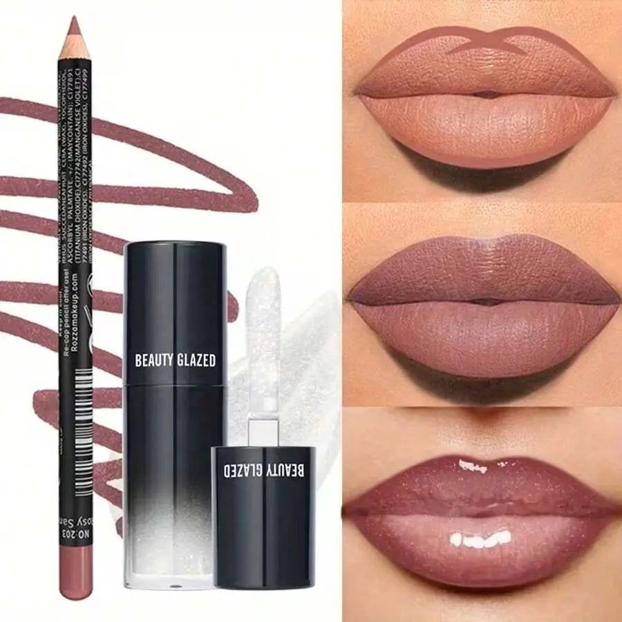 Beauty Glazed 2-Pack Cosmetic Makeup Products Set (B209#101) - Lip Combo with Nourishing Gloss, Skin-Friendly Brown Lip Liner, 3D Precise Outline, Long-Lasting Matte Finish, Adult Daily Wear Essential