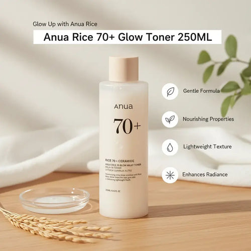 Anua Rice 70+ Glow Milky Toner - Nourishing & Hydrating Korean Formula for Sensitive Skin, Lightweight & Brightening, 250ml