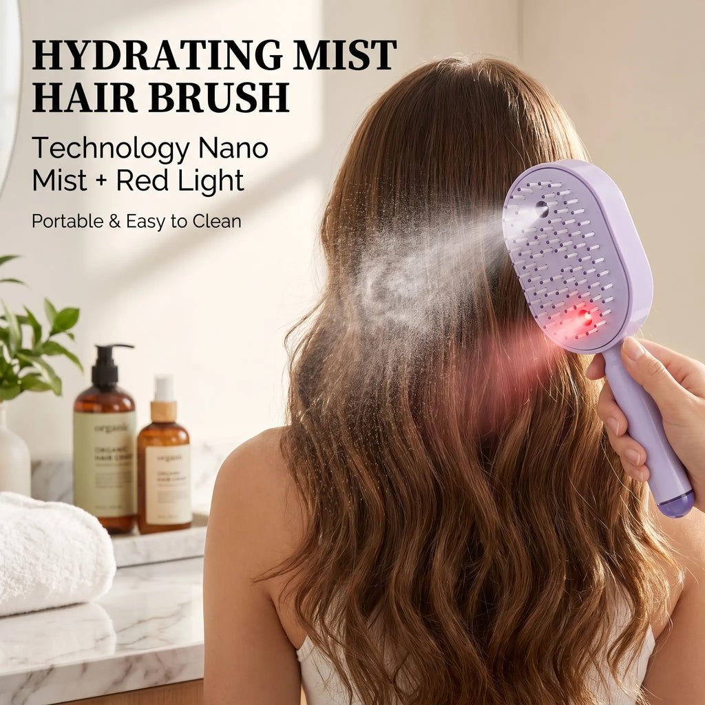 Electric Spray Air Cushion Massage Comb, 2026 Upgrade Purple Electric Steam Hair Brush with Misting Detangling for Dry Frizzy Hair, Self-Cleaning Gloss Enhancing Care Brush for Women
