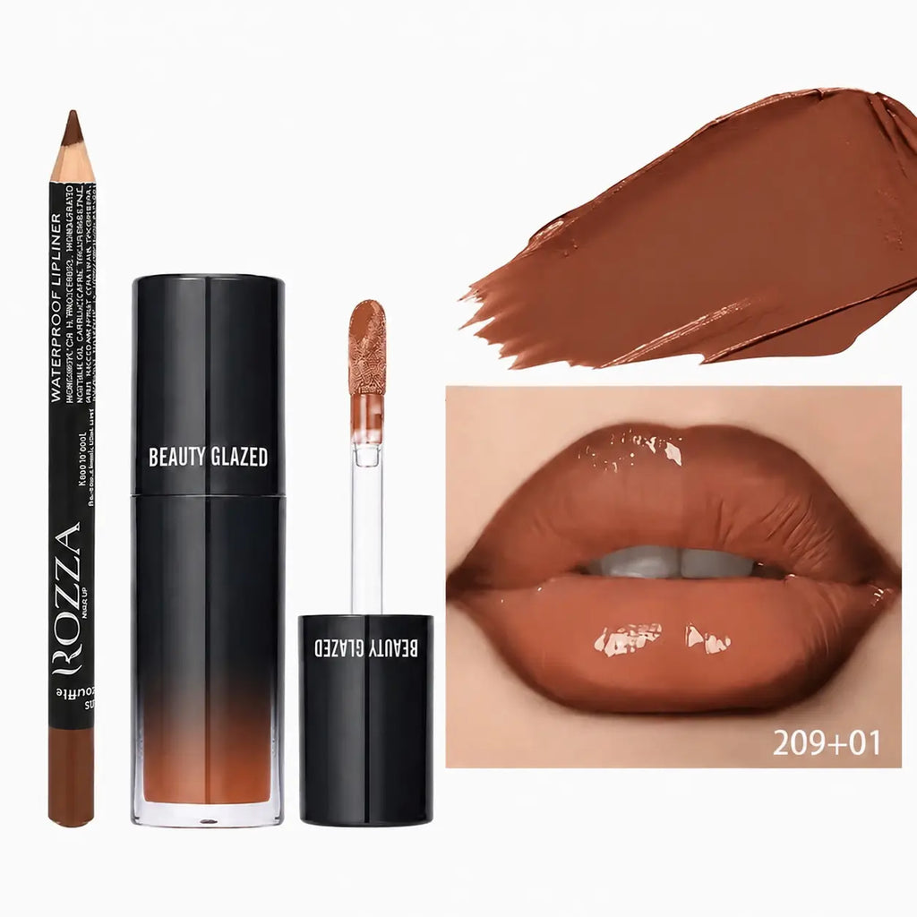 Beauty Glazed 2-Pack Cosmetic Makeup Products Set (B209#101) - Lip Combo with Nourishing Gloss, Skin-Friendly Brown Lip Liner, 3D Precise Outline, Long-Lasting Matte Finish, Adult Daily Wear Essential