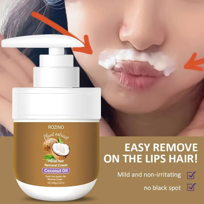 Coconut Oil Facial Hair Removal Cream, Gentle Formula for Upper Lip & Face, Quickly Dissolves Hair at the Root, Moisturizing for Smooth, Spot-Free Skin