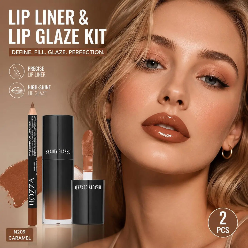 Beauty Glazed 2-Pack Cosmetic Makeup Products Set (B209#101) - Lip Combo with Nourishing Gloss, Skin-Friendly Brown Lip Liner, 3D Precise Outline, Long-Lasting Matte Finish, Adult Daily Wear Essential