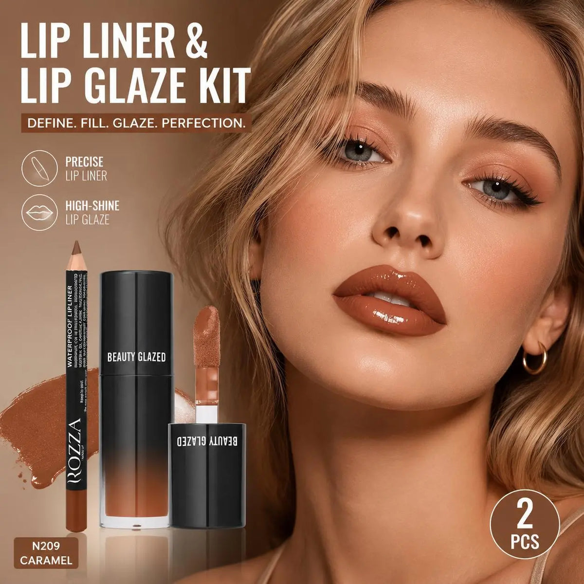 Beauty Glazed 2-Pack Cosmetic Makeup Products Set (B209#101) - Lip Combo with Nourishing Gloss, Skin-Friendly Brown Lip Liner, 3D Precise Outline, Long-Lasting Matte Finish, Adult Daily Wear Essential