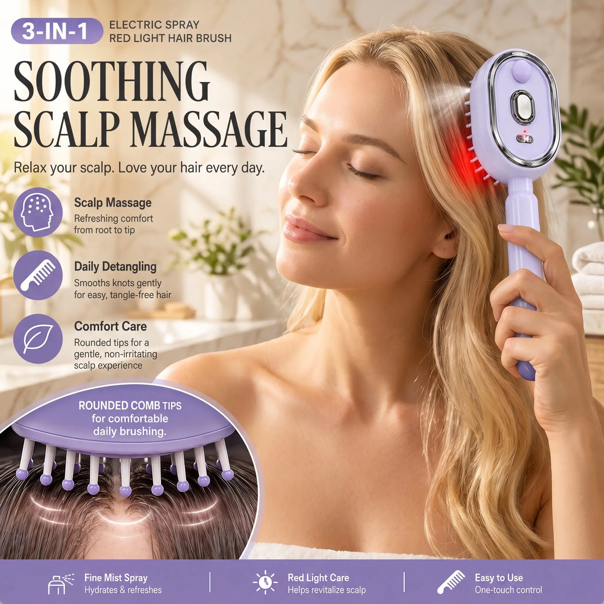 Electric Spray Air Cushion Massage Comb, 2026 Upgrade Purple Electric Steam Hair Brush with Misting Detangling for Dry Frizzy Hair, Self-Cleaning Gloss Enhancing Care Brush for Women