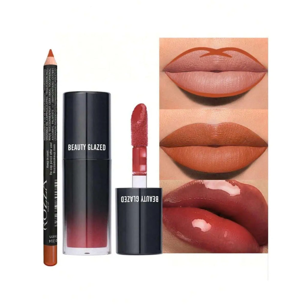 Beauty Glazed 2-Pack Cosmetic Makeup Products Set (B209#101) - Lip Combo with Nourishing Gloss, Skin-Friendly Brown Lip Liner, 3D Precise Outline, Long-Lasting Matte Finish, Adult Daily Wear Essential