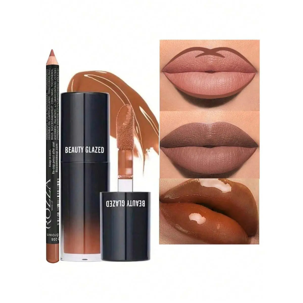Beauty Glazed 2-Pack Cosmetic Makeup Products Set (B209#101) - Lip Combo with Nourishing Gloss, Skin-Friendly Brown Lip Liner, 3D Precise Outline, Long-Lasting Matte Finish, Adult Daily Wear Essential