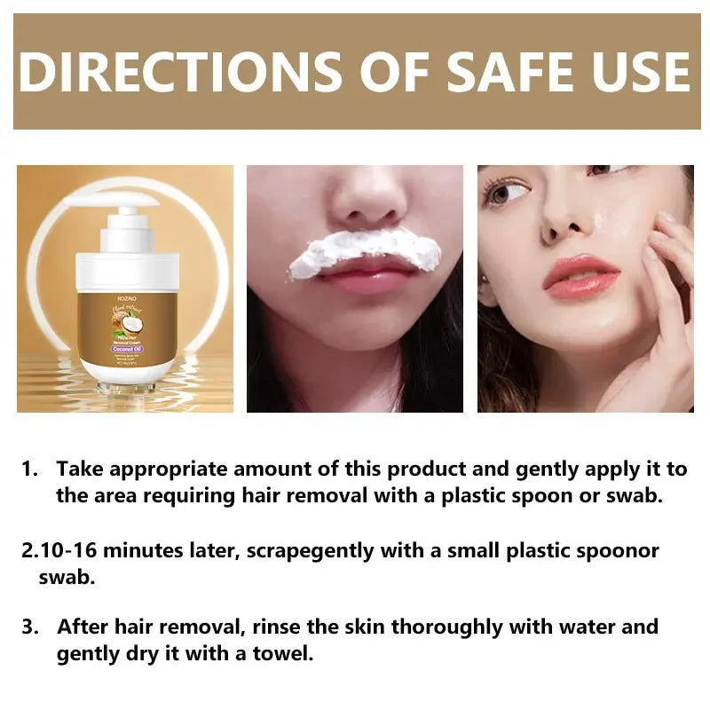 Coconut Oil Facial Hair Removal Cream, Gentle Formula for Upper Lip & Face, Quickly Dissolves Hair at the Root, Moisturizing for Smooth, Spot-Free Skin