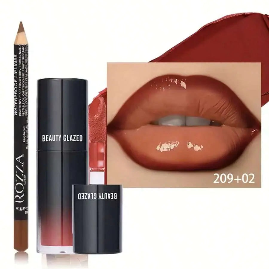 Beauty Glazed 2-Pack Cosmetic Makeup Products Set (B209#101) - Lip Combo with Nourishing Gloss, Skin-Friendly Brown Lip Liner, 3D Precise Outline, Long-Lasting Matte Finish, Adult Daily Wear Essential
