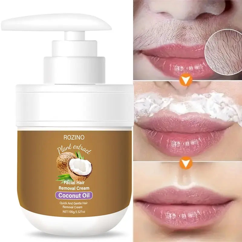 Coconut Oil Facial Hair Removal Cream, Gentle Formula for Upper Lip & Face, Quickly Dissolves Hair at the Root, Moisturizing for Smooth, Spot-Free Skin