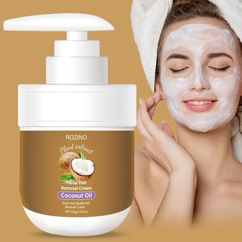 Coconut Oil Facial Hair Removal Cream, Gentle Formula for Upper Lip & Face, Quickly Dissolves Hair at the Root, Moisturizing for Smooth, Spot-Free Skin