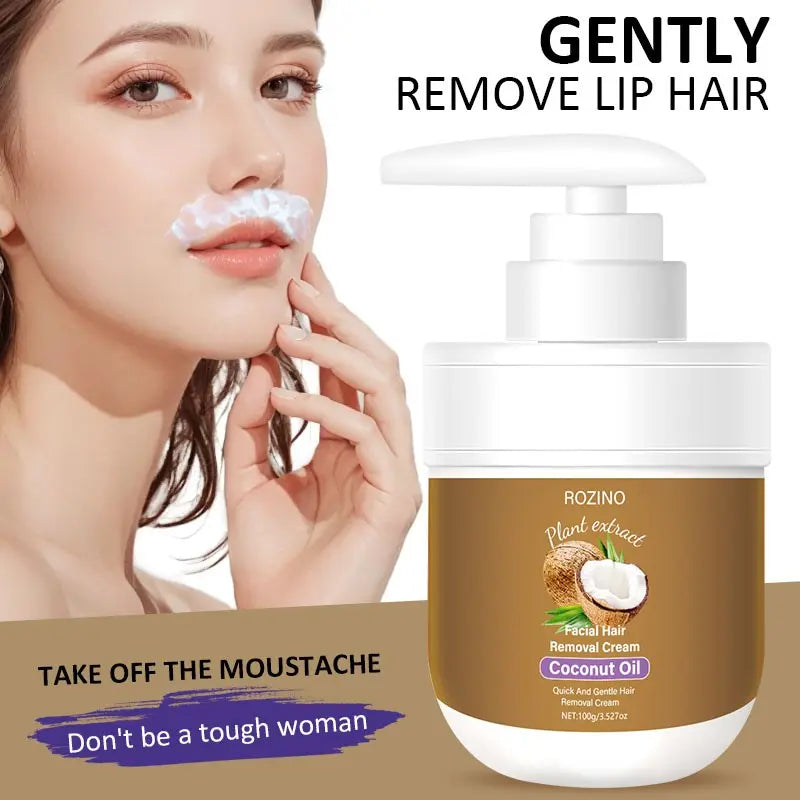 Coconut Oil Facial Hair Removal Cream, Gentle Formula for Upper Lip & Face, Quickly Dissolves Hair at the Root, Moisturizing for Smooth, Spot-Free Skin